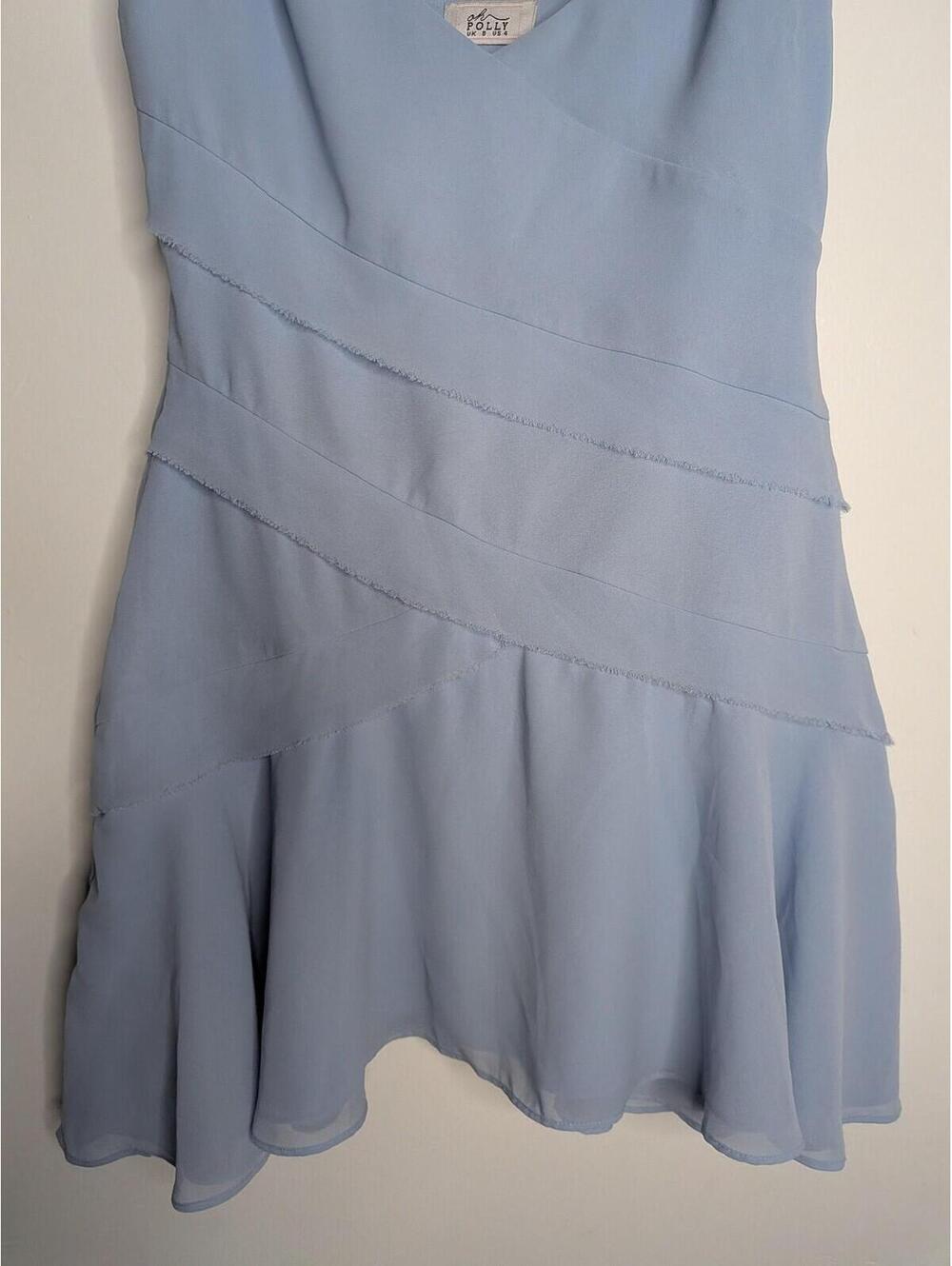 Oh Polly Dress Womens 4 Blue Chiffon V Neck Tiered Slip Mini Party Fit & Flare - Picture 2 of 5
